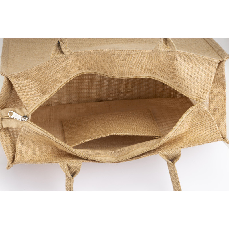 Bolsa de yute con asas de algodón. Equipada con cierre de cremallera