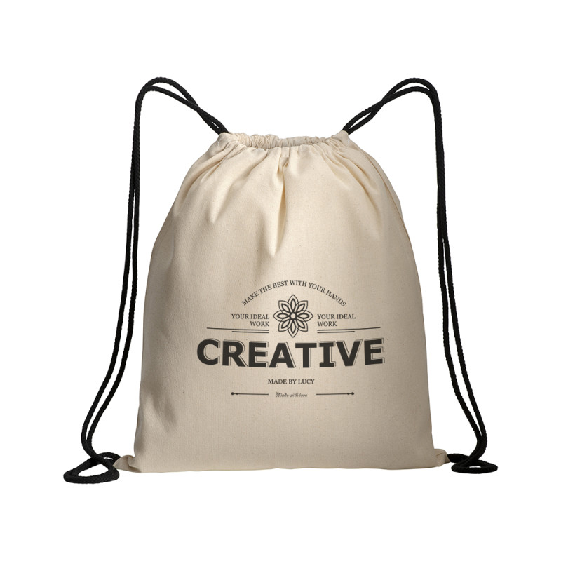 Mochila de algodón natural con cordón y esquinas de colores