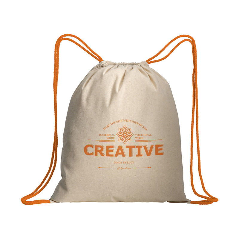 Mochila de algodón natural con cordón y esquinas de colores