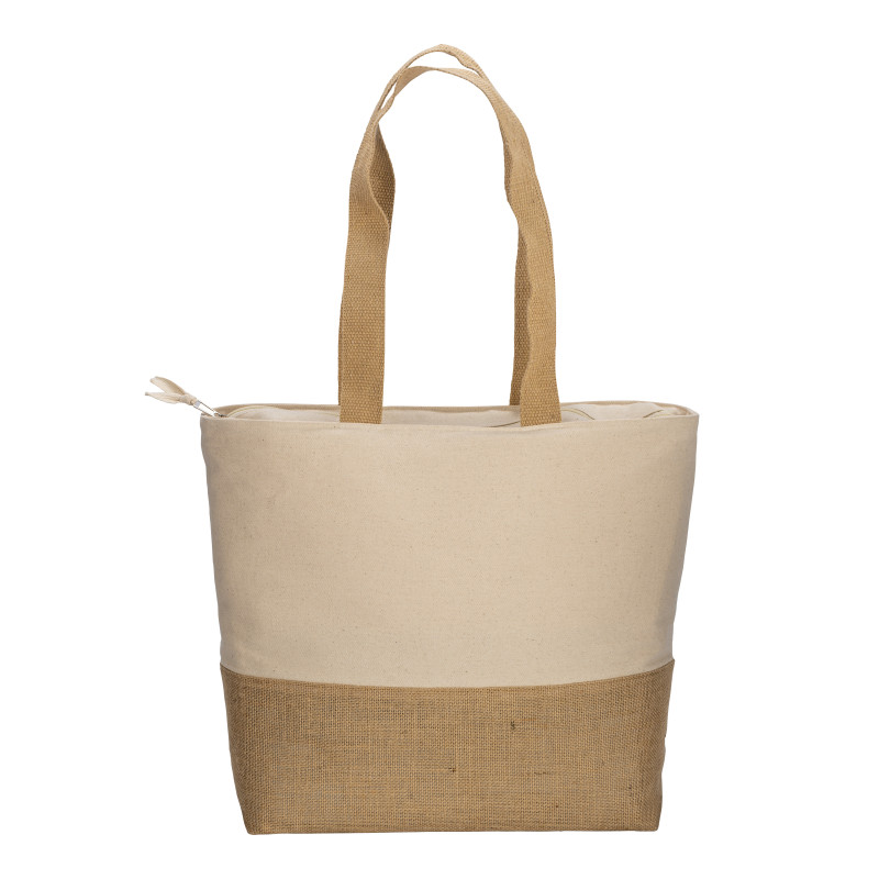 Bolsa de algodón 280 g/m2 con fuelle, con base de yute, asas largas