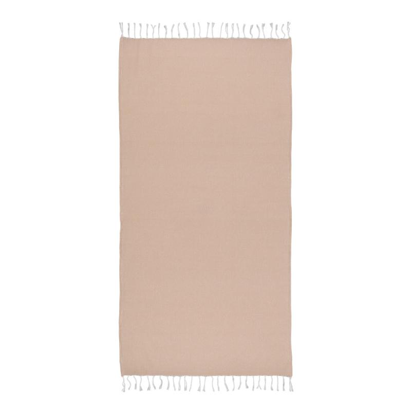 Toalla de playa de algodon reciclado 150 g/m2. Efecto melange y flecos