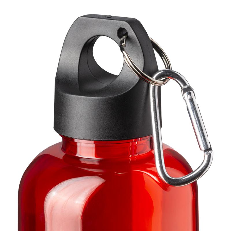 Botella transparente de PET reciclado 580 ml. Tapon de plastica con mosqueton