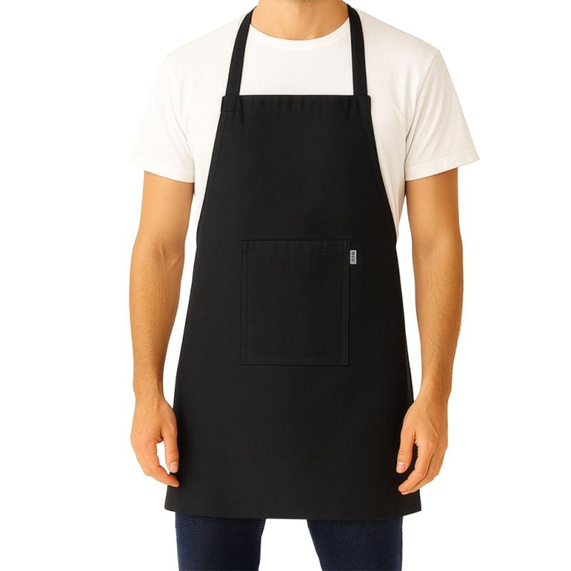 Delantal de cocina largo de algodón reciclado (180 g/m2). Bolsillo frontal