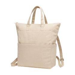 Mochila de algodon 340 g/m2. Asas cortas y dos bolsillos laterales portabotellas