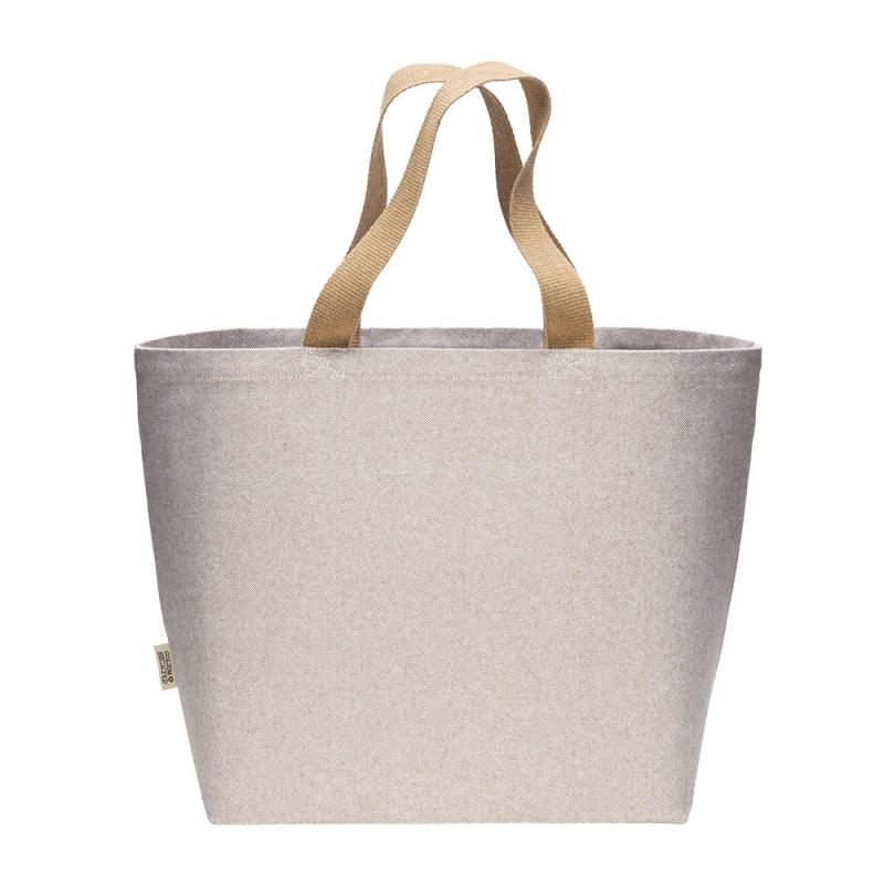Bolsa de algodon reciclado 340 g/m2 con efecto melange. Asas largas de color y fuelle