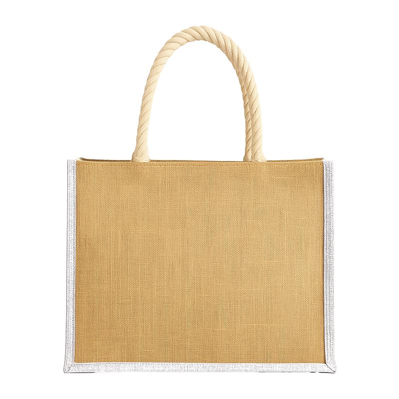 Bolsa de yute con asas largas de cuerda e insertos de colores. Con fuelle