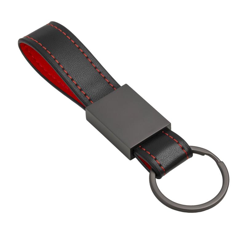 Llavero de PU con costuras de colores y placa y anilla de metal negro mate