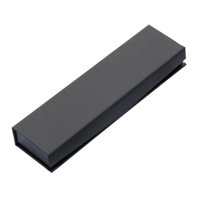 Bolígrafo click de metal bruñido. Acabado en fibra de vidrio, con estuche de cartón.