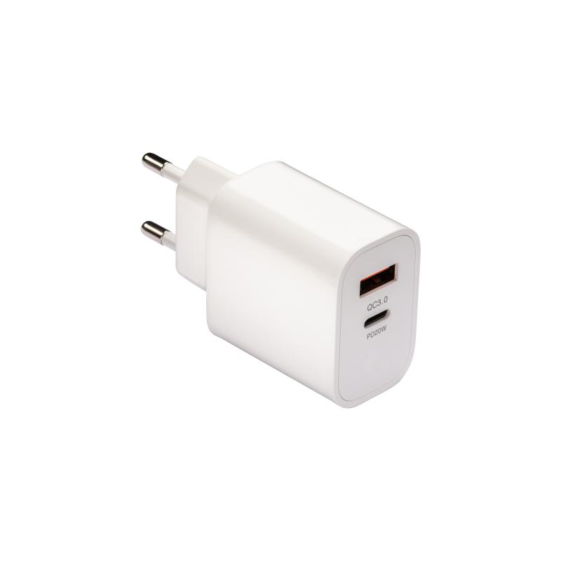 Cargador de pared USB de ABS con puerto USB A y puerto USB-C