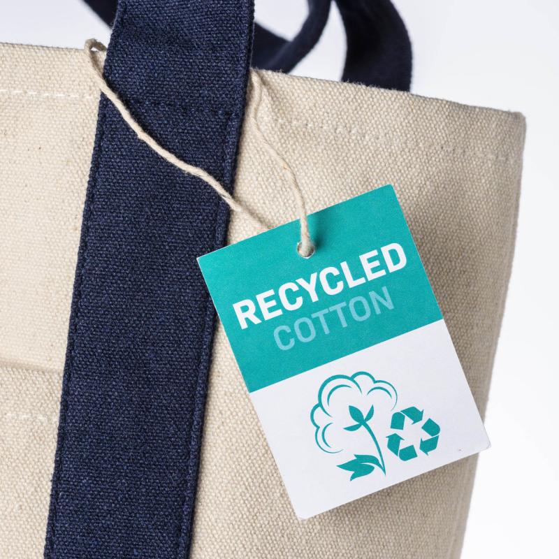 Mini bolsa shopper de algodón reciclado de 340 g/m2 con asas y base de color. GRS