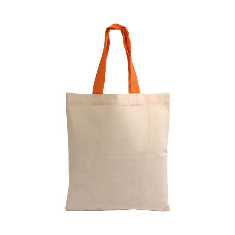 Mini bolsa shopper de algodón natural reciclado de 140 g/m2 con asas de colores