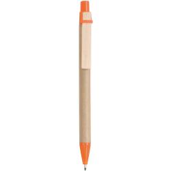 Biros en papel reciclado, detalles coloreados en PP y paja de trigo, pinza de madera