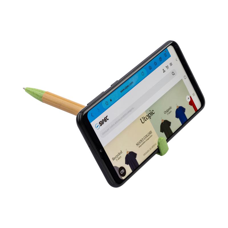 Bolígrafo giratorio de bambú y paja de trigo con soporte para teléfono móvil