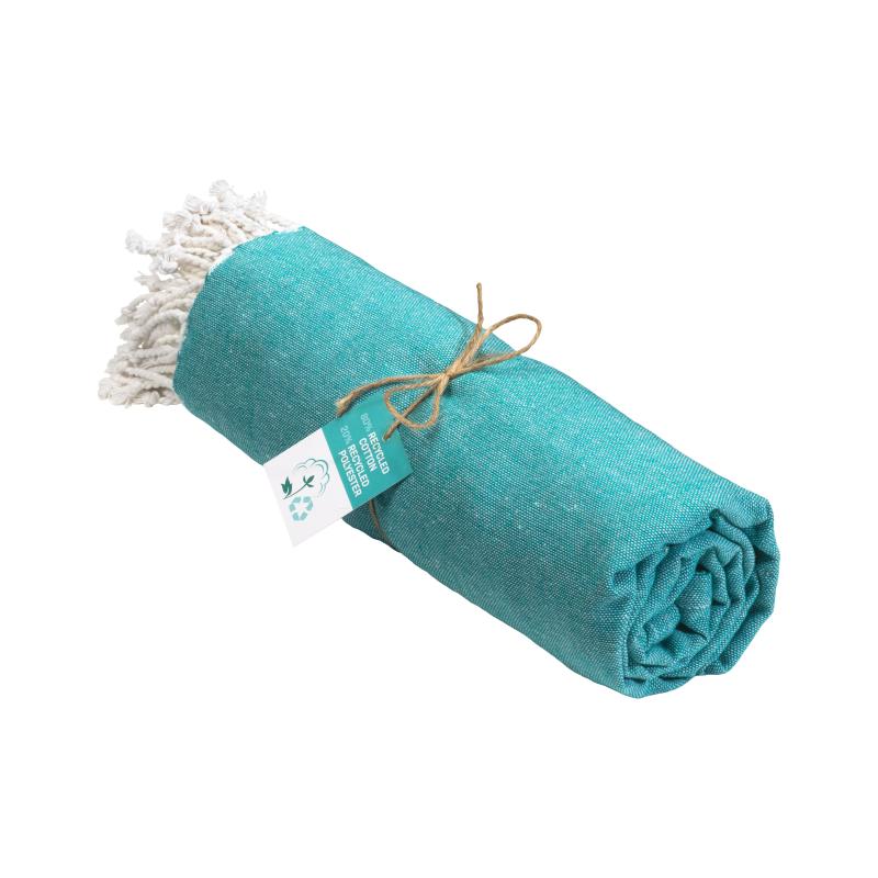 Toalla de playa/pareo de algodón reciclado de 180 g/m&sup2; con flecos, medida 90x170 cm