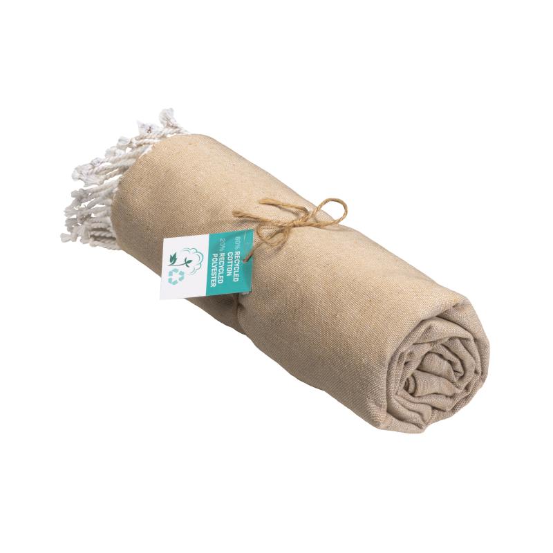 Toalla de playa/pareo de algodón reciclado de 180 g/m&sup2; con flecos, medida 90x170 cm