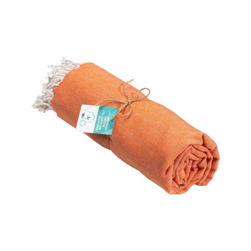 Toalla de playa/pareo de algodón reciclado de 180 g/m&sup2; con flecos, medida 90x170 cm