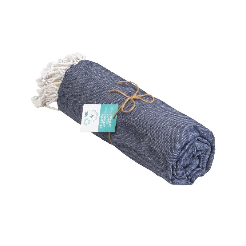 Toalla de playa/pareo de algodón reciclado de 180 g/m&sup2; con flecos, medida 90x170 cm