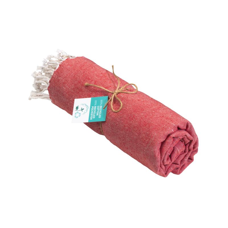 Toalla de playa/pareo de algodón reciclado de 180 g/m&sup2; con flecos, medida 90x170 cm