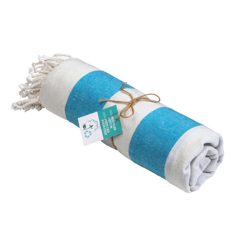 Toalla de playa/pareo de algodón reciclado de 180 g/m&sup2; con flecos, medida 90x170 cm