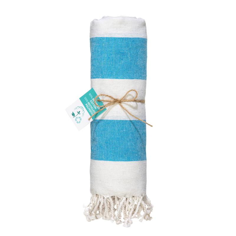 Toalla de playa/pareo de algodón reciclado de 180 g/m&sup2; con flecos, medida 90x170 cm