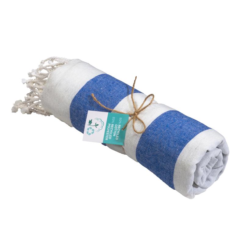 Toalla de playa/pareo de algodón reciclado de 180 g/m&sup2; con flecos, medida 90x170 cm