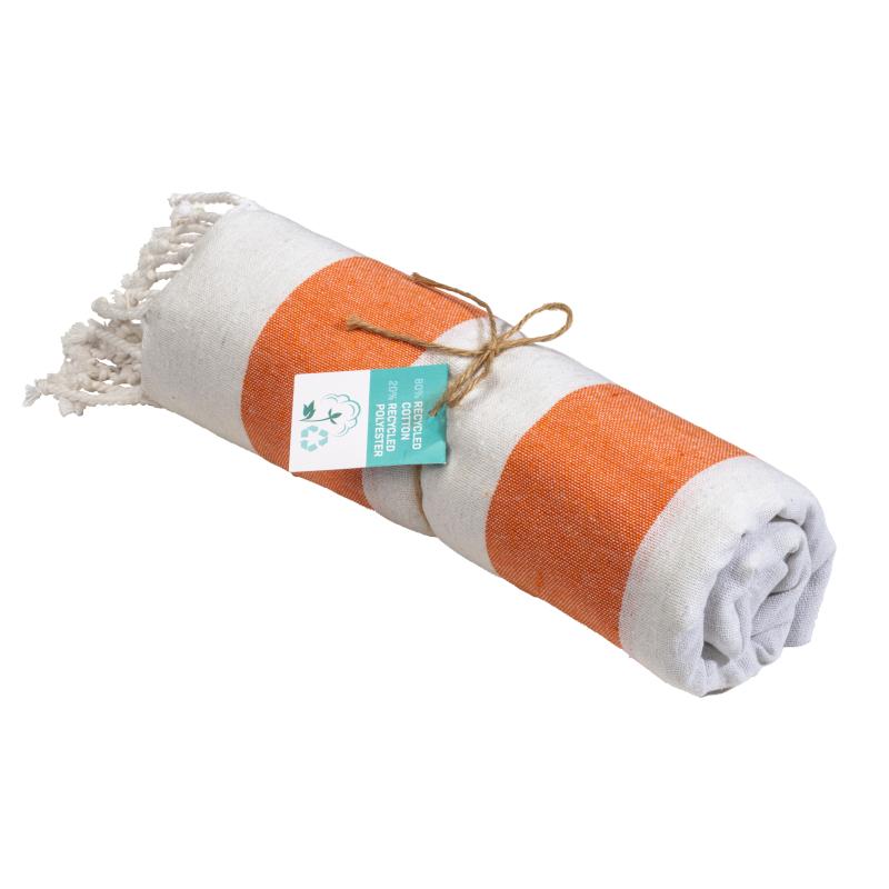 Toalla de playa/pareo de algodón reciclado de 180 g/m&sup2; con flecos, medida 90x170 cm