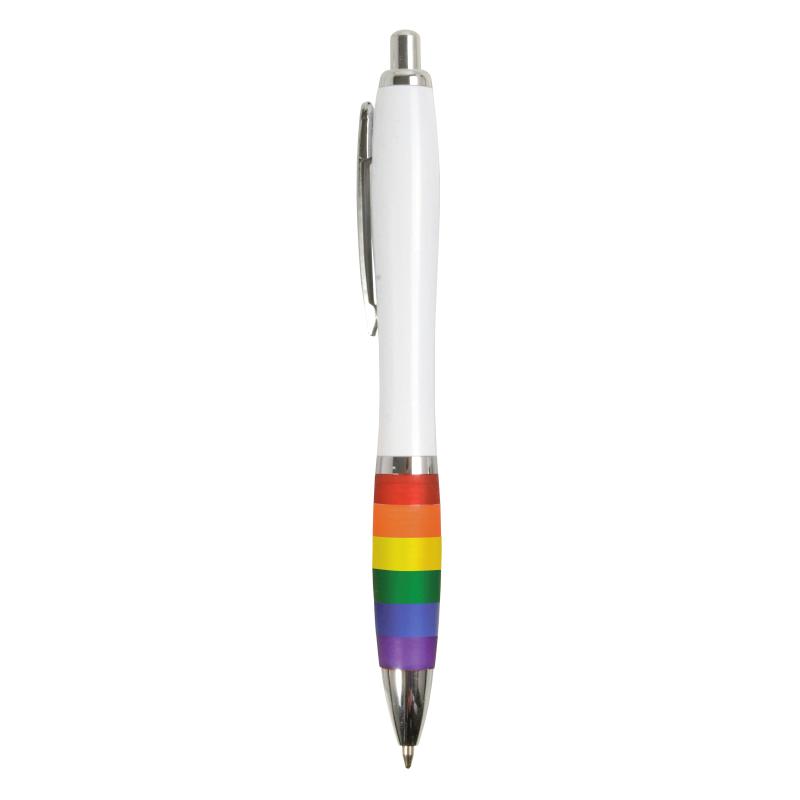 Bolígrafo de plástico ABS con cuerpo blanco, empuñadura de color arco iris y clip metálico