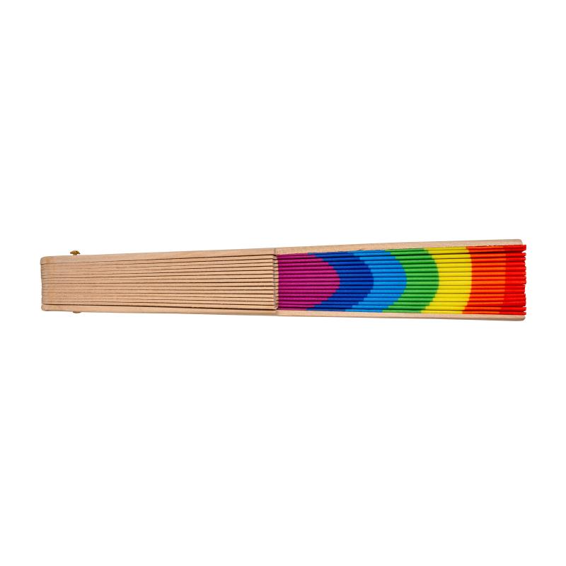 Abanico arcoíris en poliéster con mango de madera