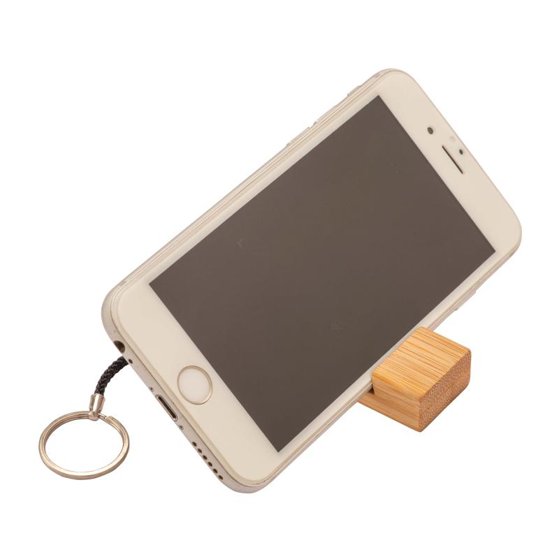 Llavero rectangular de bambú con soporte para móvil