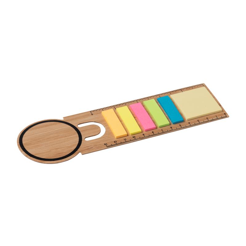 Regla de bambú para marcapáginas. Incluye 25 post-its medianos y 125 mini post-its