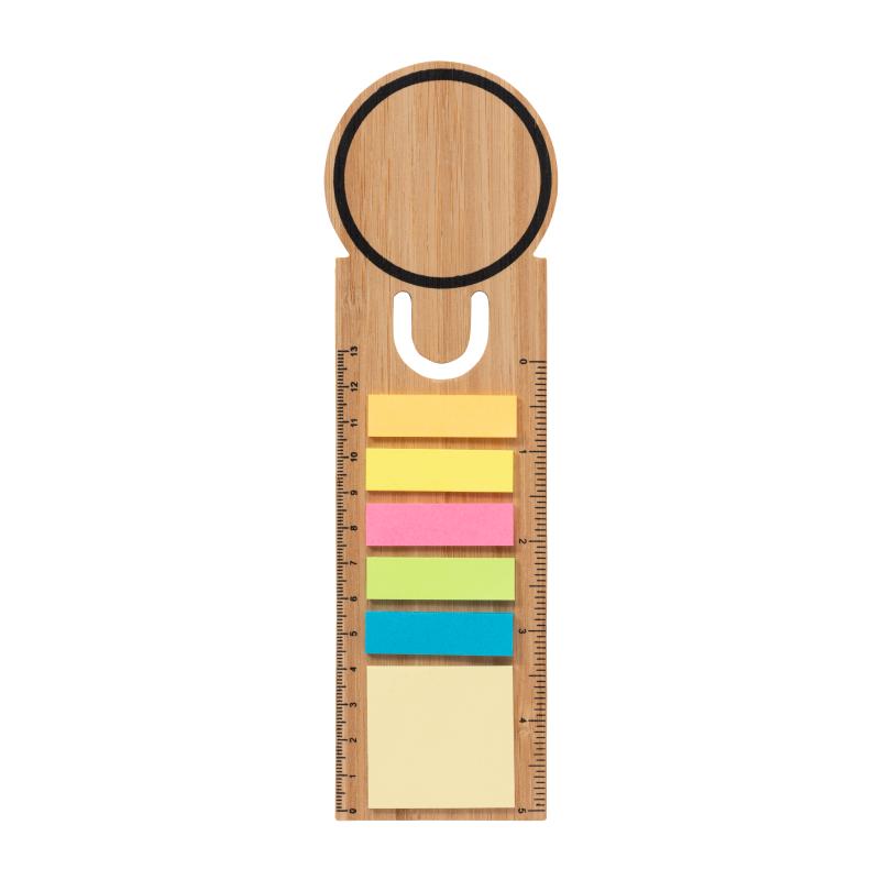 Regla de bambú para marcapáginas. Incluye 25 post-its medianos y 125 mini post-its