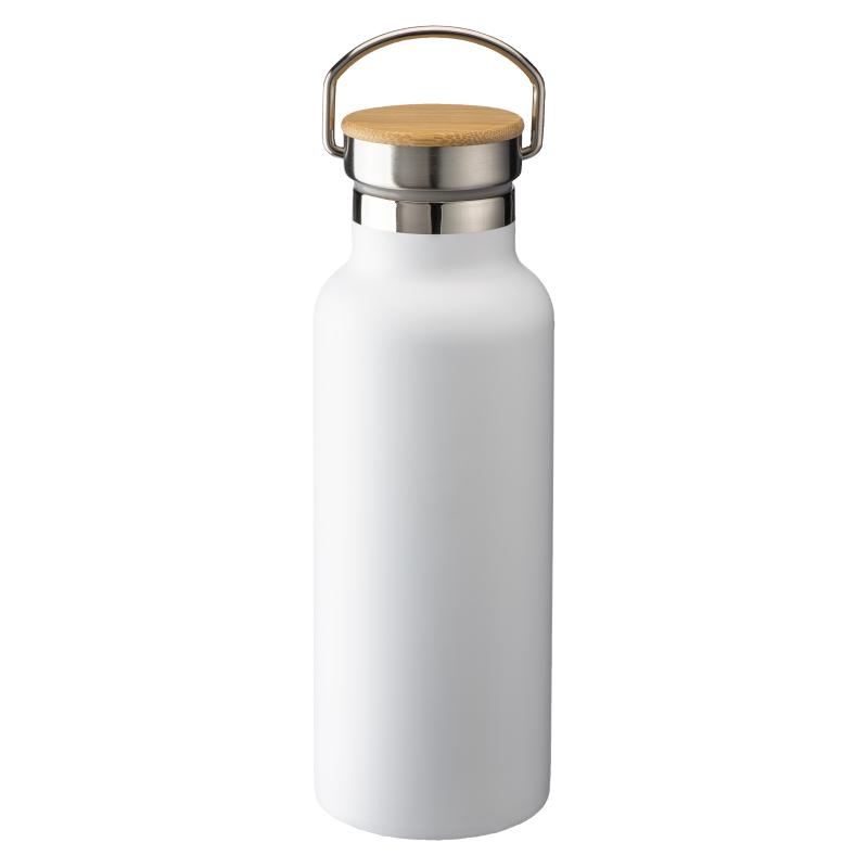 Botella térmica de acero inoxidable con pared de doble aislamiento y tapón de bambú
