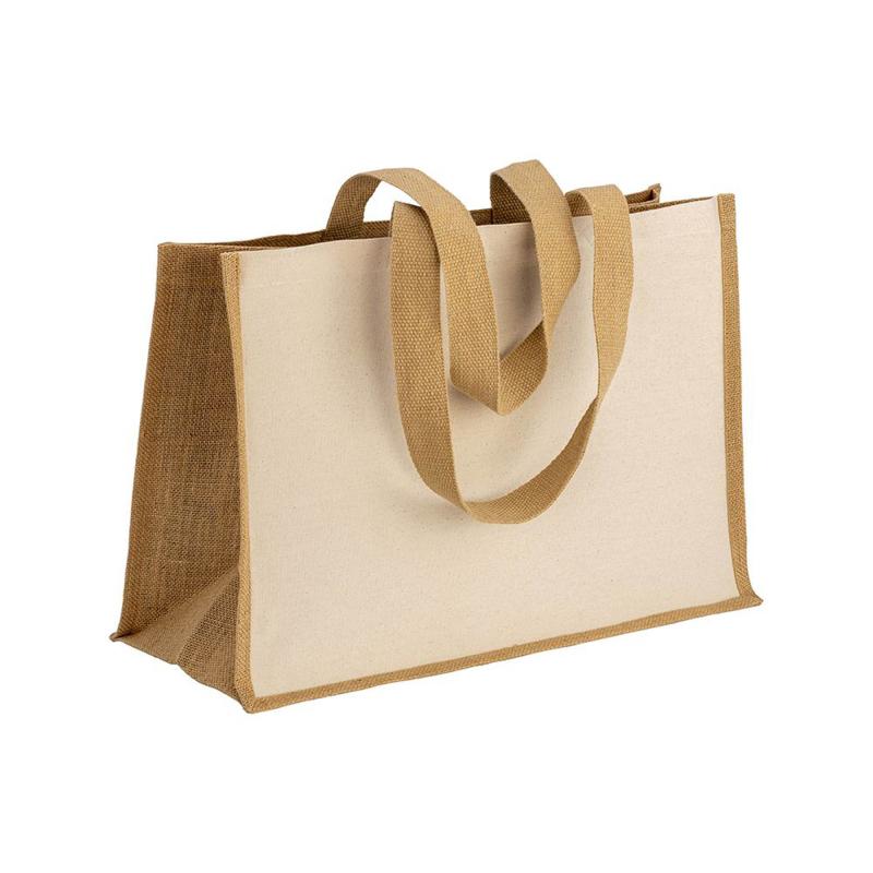 Bolsa de algodón 238 g/m2 con yute y algodón, asas largas y fuelle