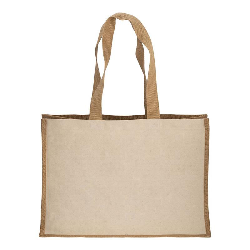 Bolsa de algodón 238 g/m2 con yute y algodón, asas largas y fuelle