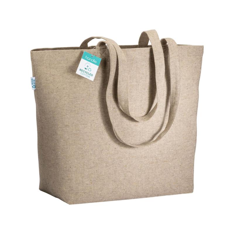 Bolsa en algodón reciclado 280 g/m2, asas largas y fuelle en la base.