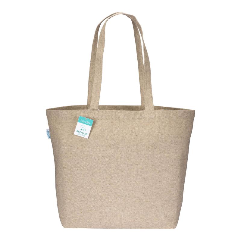 Bolsa en algodón reciclado 280 g/m2, asas largas y fuelle en la base.