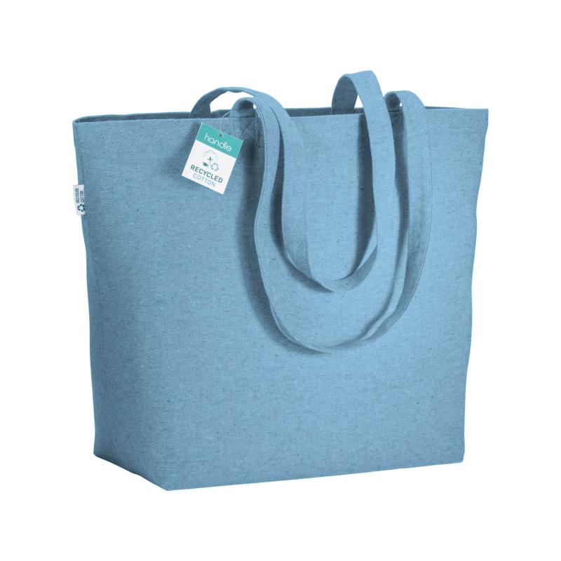 Bolsa en algodón reciclado 280 g/m2, asas largas y fuelle en la base.