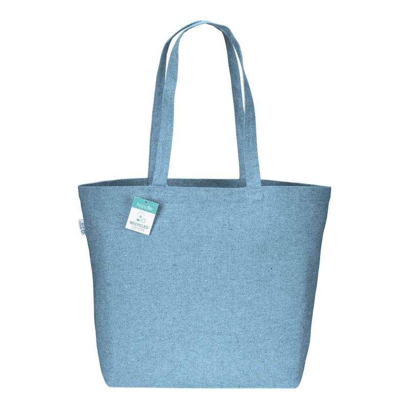 Bolsa en algodón reciclado 280 g/m2, asas largas y fuelle en la base.
