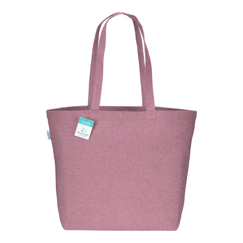 Bolsa en algodón reciclado 280 g/m2, asas largas y fuelle en la base.