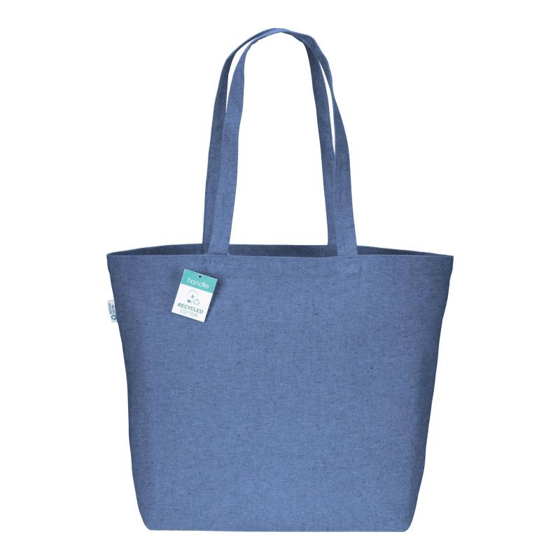 Bolsa en algodón reciclado 280 g/m2, asas largas y fuelle en la base.