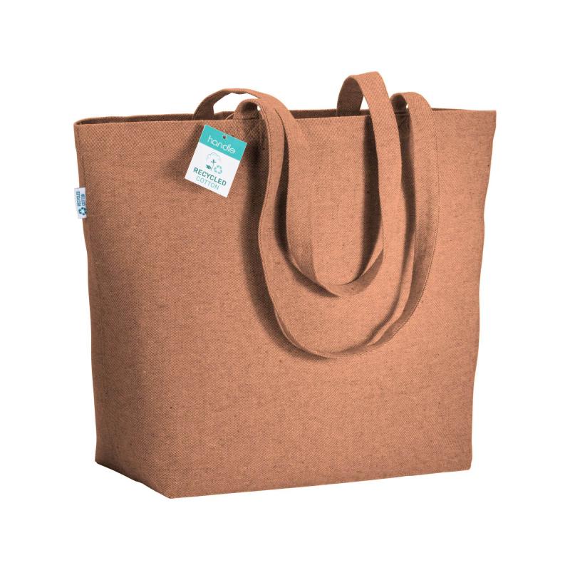 Bolsa en algodón reciclado 280 g/m2, asas largas y fuelle en la base.