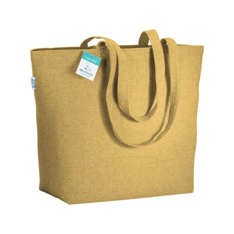 Bolsa en algodón reciclado 280 g/m2, asas largas y fuelle en la base.