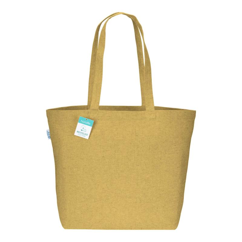 Bolsa en algodón reciclado 280 g/m2, asas largas y fuelle en la base.