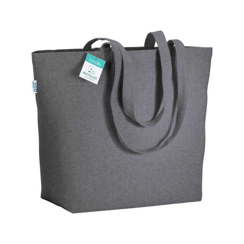 Bolsa en algodón reciclado 280 g/m2, asas largas y fuelle en la base.