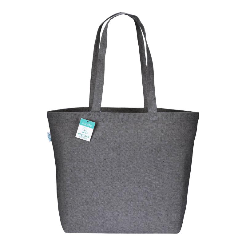 Bolsa en algodón reciclado 280 g/m2, asas largas y fuelle en la base.