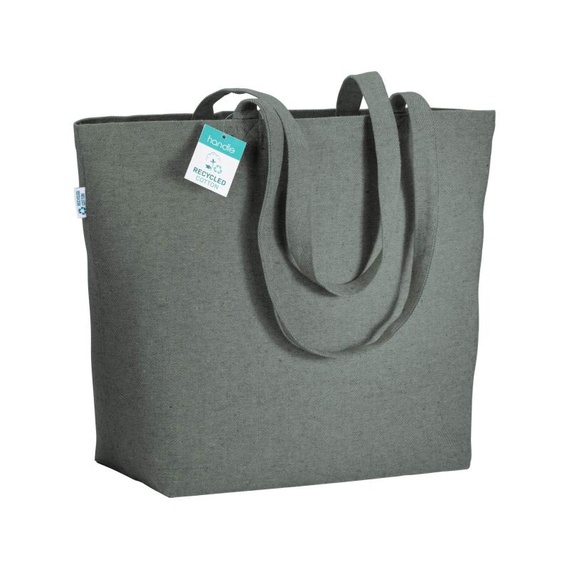 Bolsa en algodón reciclado 280 g/m2, asas largas y fuelle en la base.