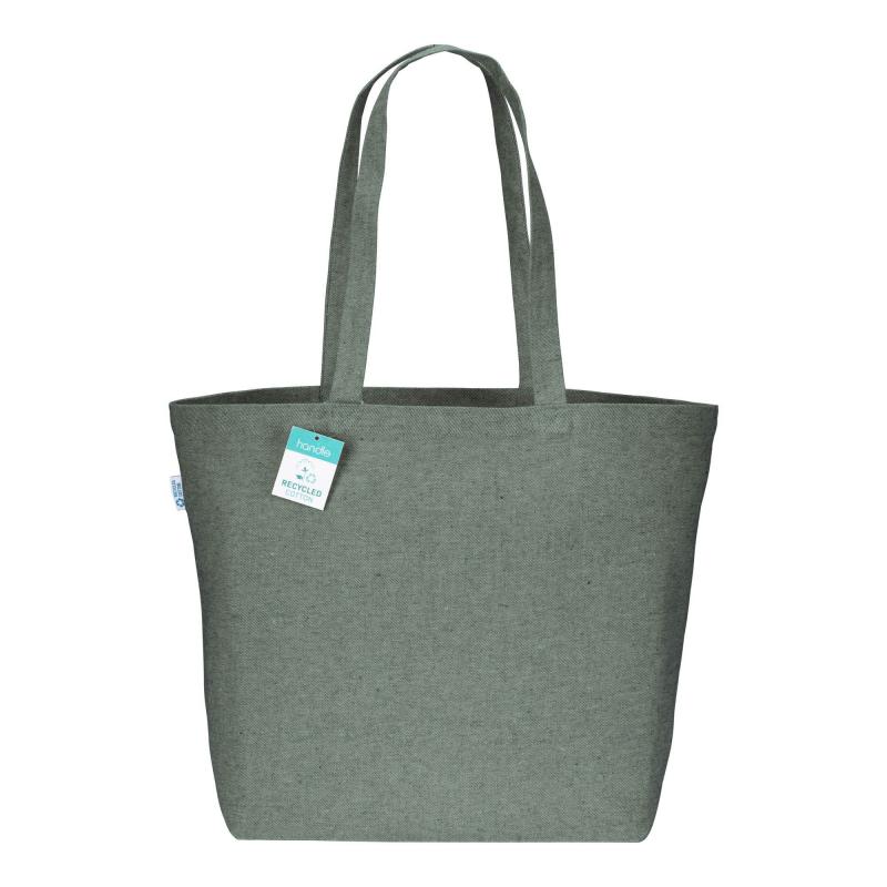 Bolsa en algodón reciclado 280 g/m2, asas largas y fuelle en la base.