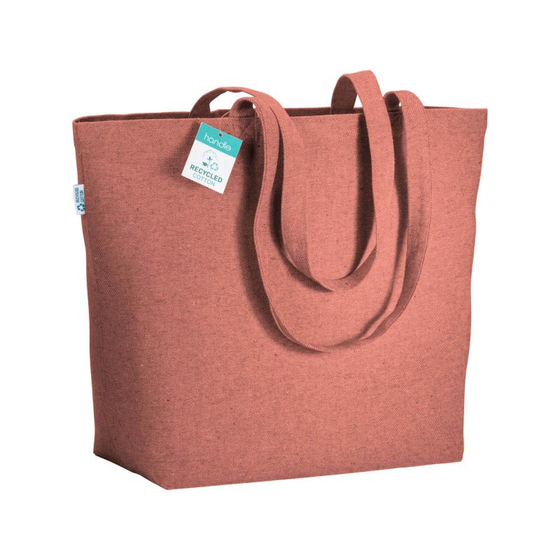 Bolsa en algodón reciclado 280 g/m2, asas largas y fuelle en la base.