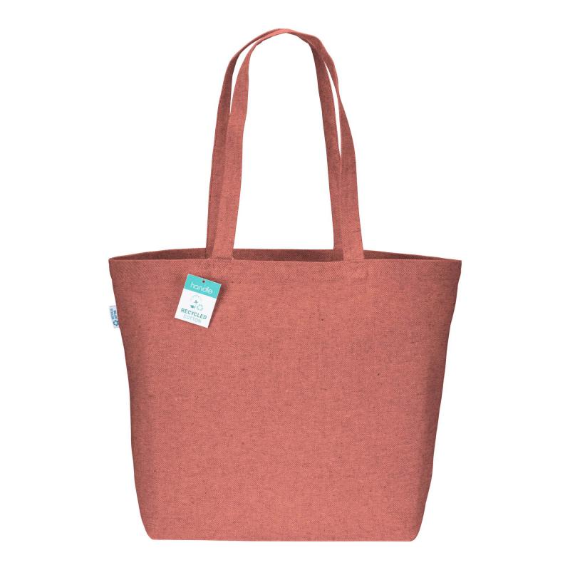 Bolsa en algodón reciclado 280 g/m2, asas largas y fuelle en la base.