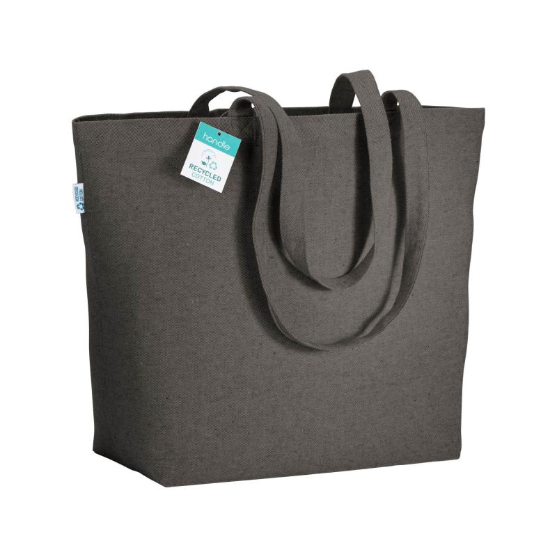 Bolsa en algodón reciclado 280 g/m2, asas largas y fuelle en la base.